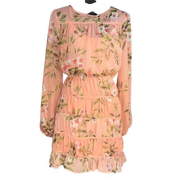 Lost + Wander Sunset Fleurs Mini Dress coral floral tiered ruffles medium - Picture 2 of 13